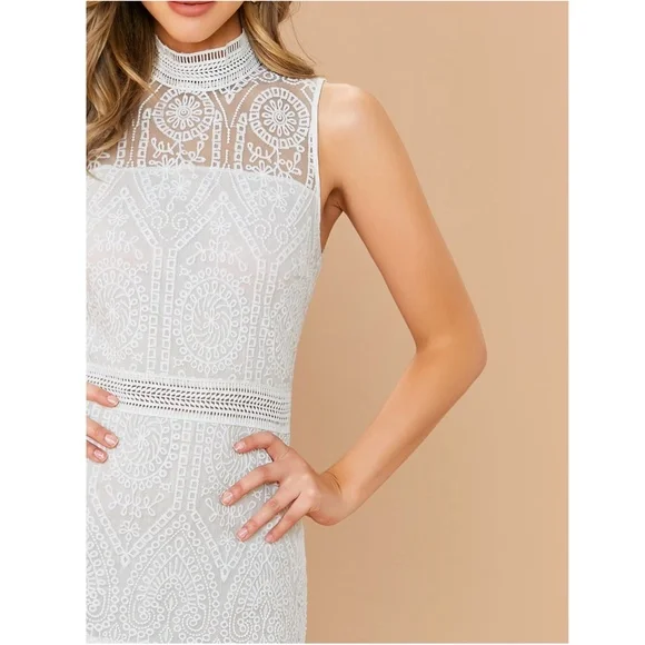 White Lace Dress Fit and Flared High Neck Embroidered Mesh - Picture 4 of 6